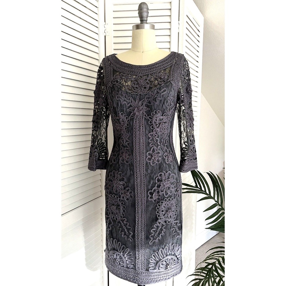 Sue Wong Nocturne Size 4 / 6 Gray Lace Cocktail Sheath Dress